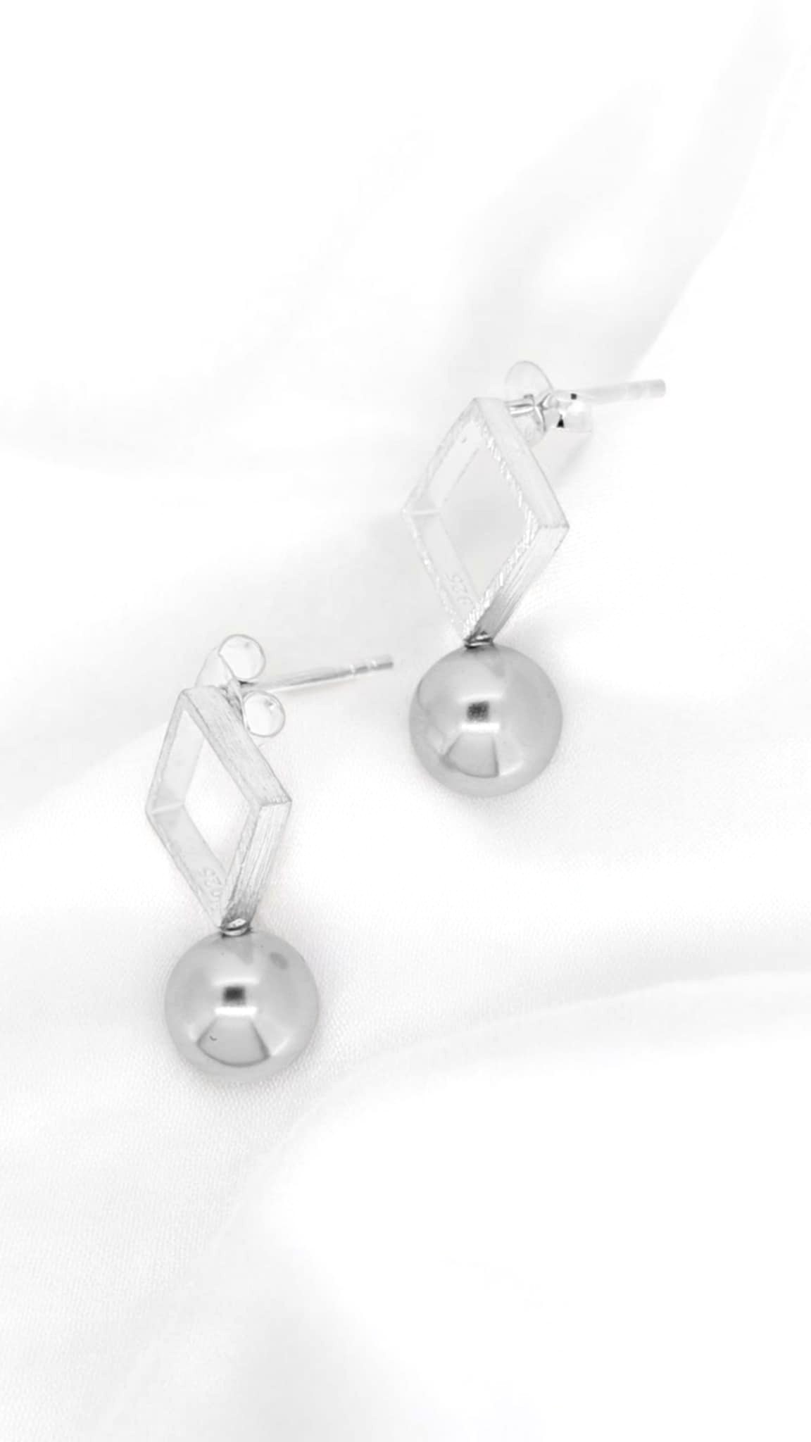 Silver Pearl Drop Stud Earrings With Brushed Sterling Silver Square