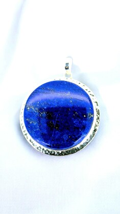 Large Lapis Lazuli Circle Pendant with Pyrite Flecks and Sterling Silver Rim