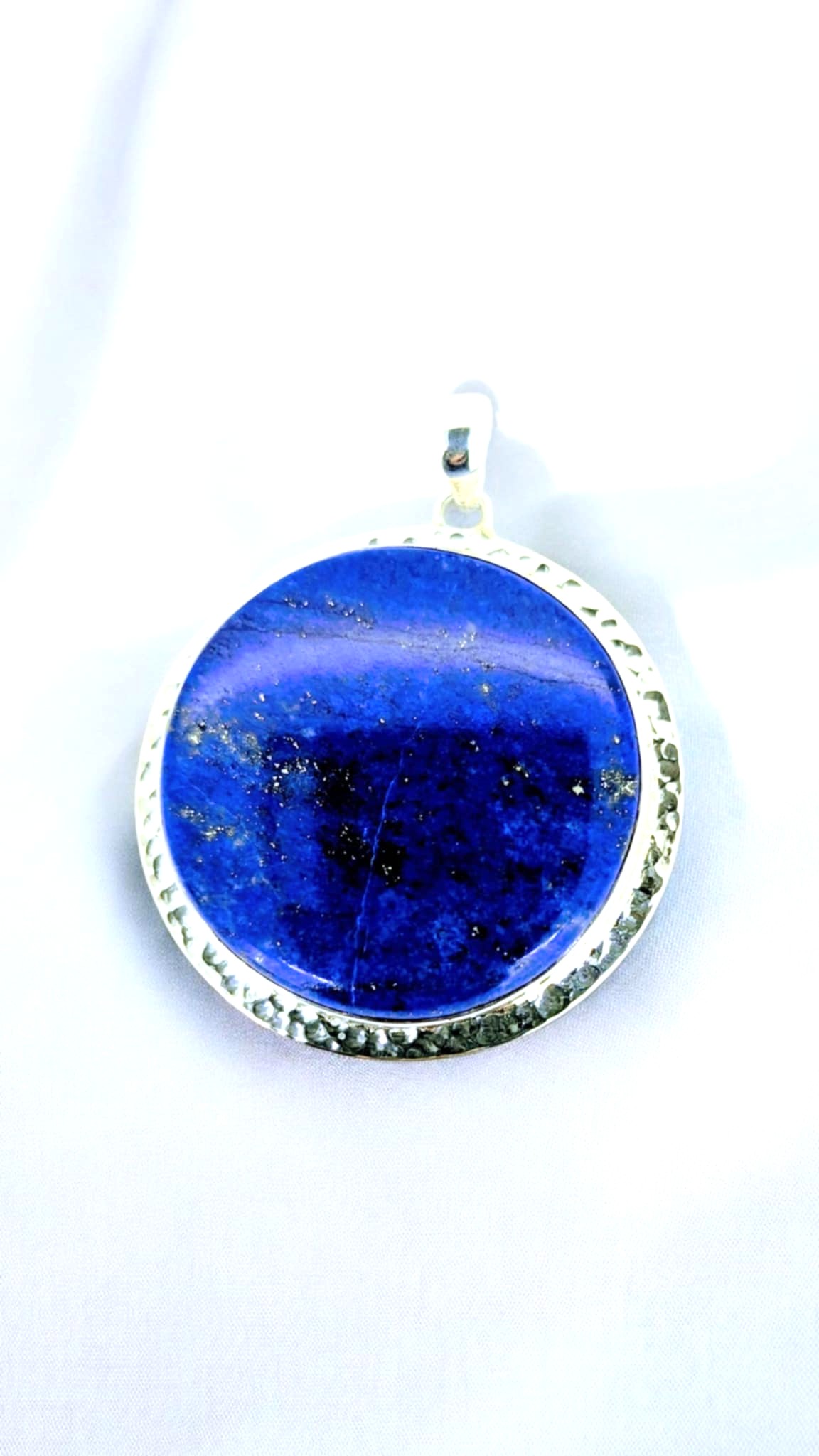 Large Lapis Lazuli Circle Pendant with Pyrite Flecks and Sterling Silver Rim