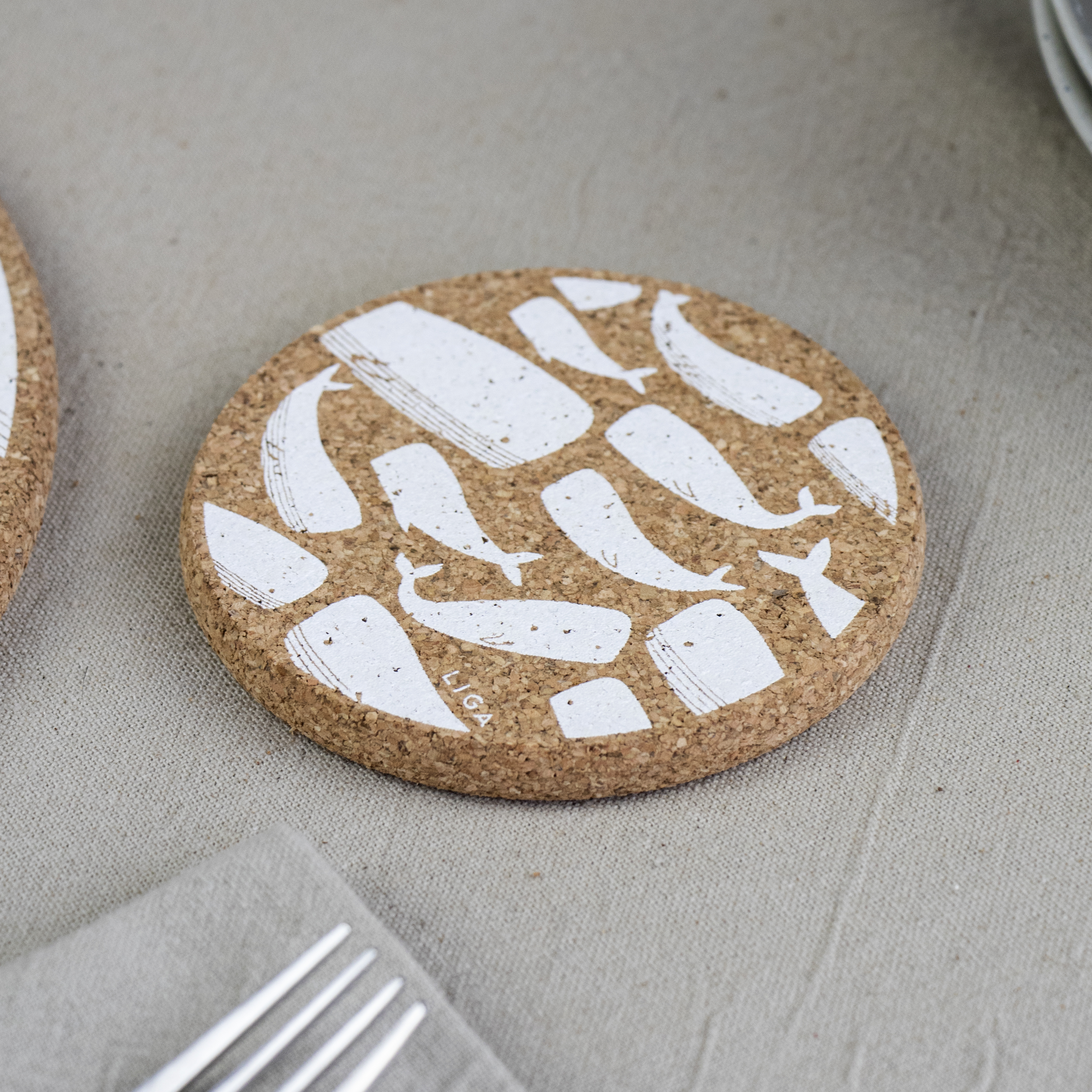 Whale Printed Cork Coasters, 10cm, Set of 4