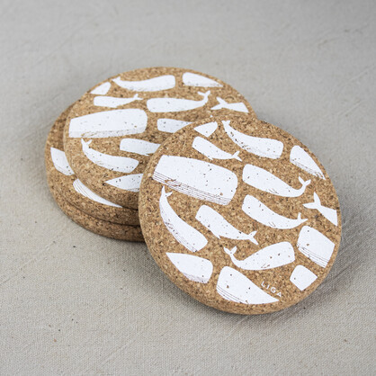Whale Printed Cork Coasters, 10cm, Set of 4
