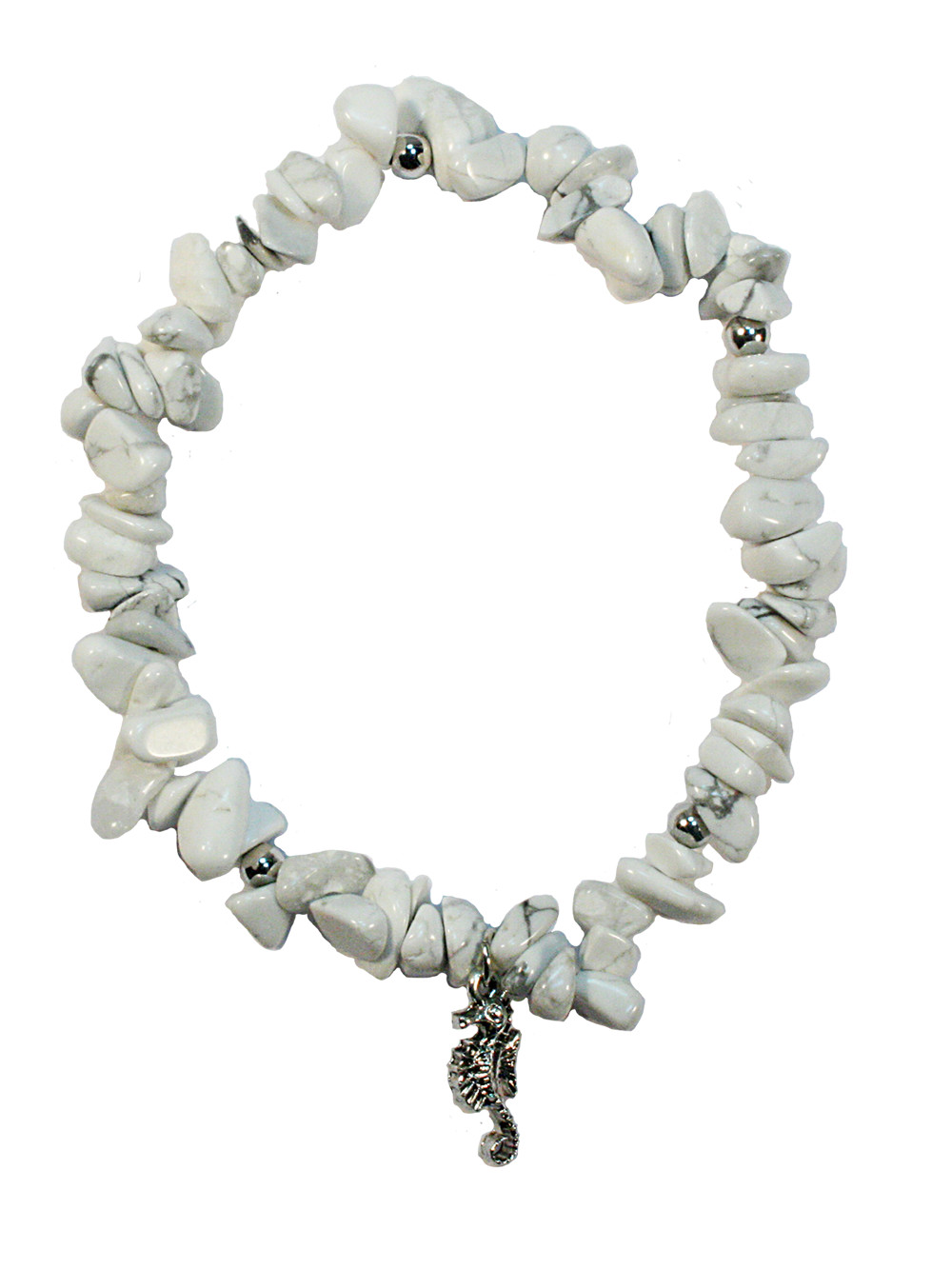 BR6748   WHITE HOWLITE CHIP BRACELET W/ SEAHORSE