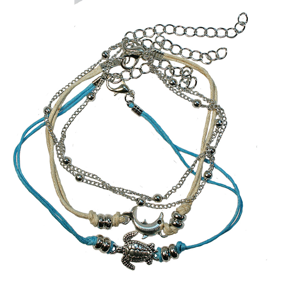 ANP6759   3 STRAND TURTLE AND DOLPHIN ANKLET