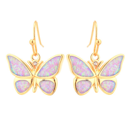 E2154 PINK SYNTHETIC OPAL GOLD BUTTERFLY EARRINGS