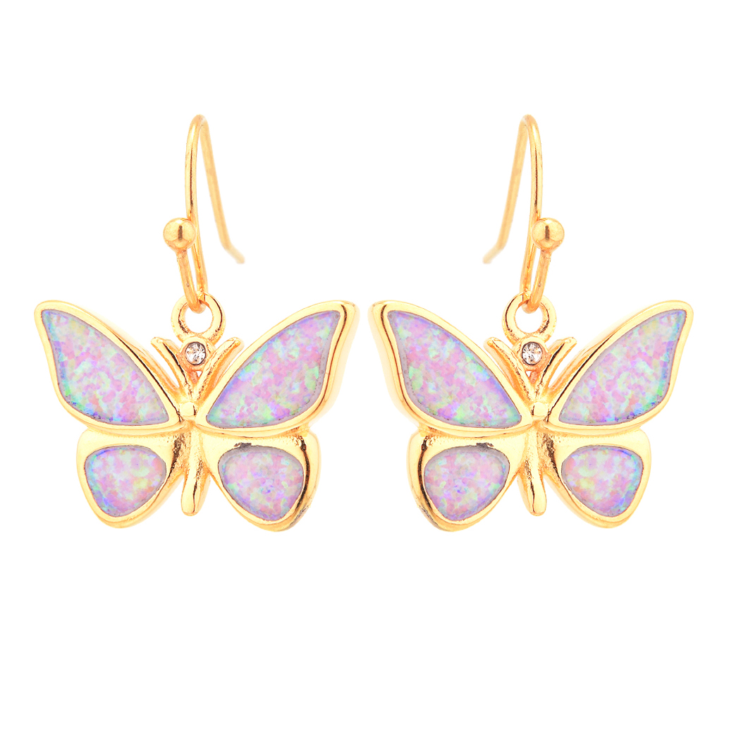 E2154 PINK SYNTHETIC OPAL GOLD BUTTERFLY EARRINGS