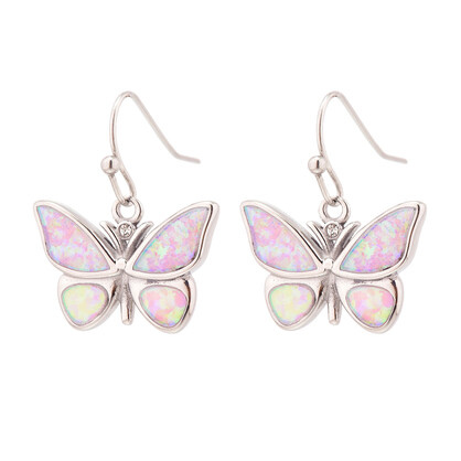 E2155 PINK SYNTHETIC OPAL STEEL BUTTERFLY EARRINGS