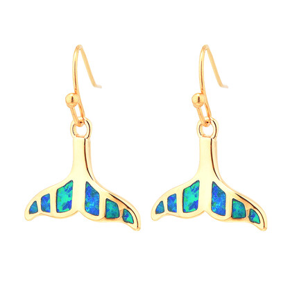 E2156 GREEN SYNTHETIC OPAL GOLD WHALETAIL EARRINGS