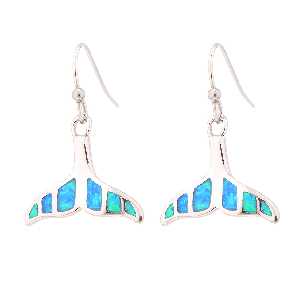 E2157 GREEN SYNTHETIC OPAL STEEL WHALETAIL EARRINGS