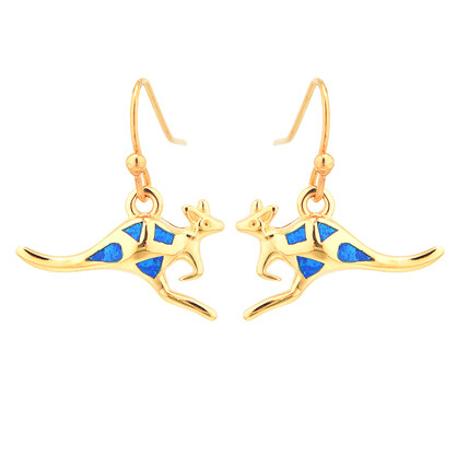 E2158 BLUE SYNTHETIC OPAL GOLD KANGAROO EARRINGS