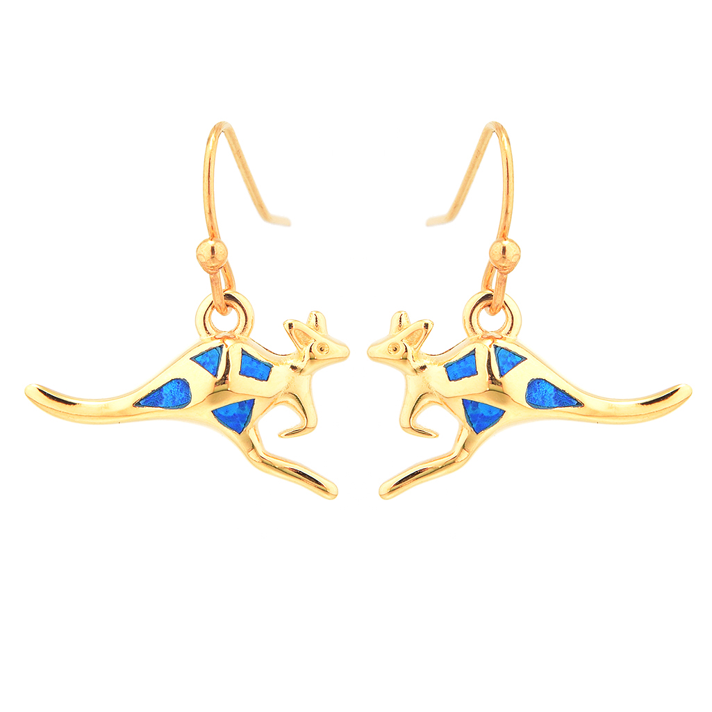 E2158 BLUE SYNTHETIC OPAL GOLD KANGAROO EARRINGS