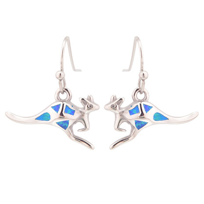 E2159 BLUE SYNTHETIC OPAL STEEL KANGAROO EARRINGS