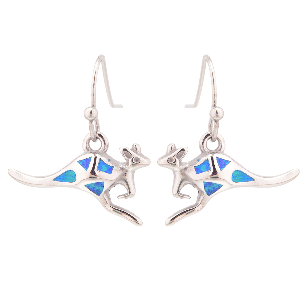 E2159 BLUE SYNTHETIC OPAL STEEL KANGAROO EARRINGS