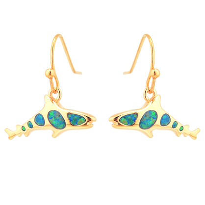 E2160 GREEN SYNTHETIC OPAL GOLD WHALESHARK EARRINGS