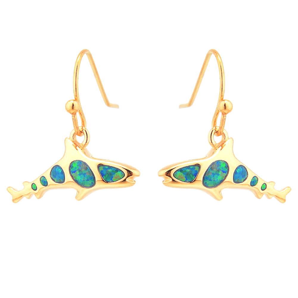 E2160 GREEN SYNTHETIC OPAL GOLD WHALESHARK EARRINGS