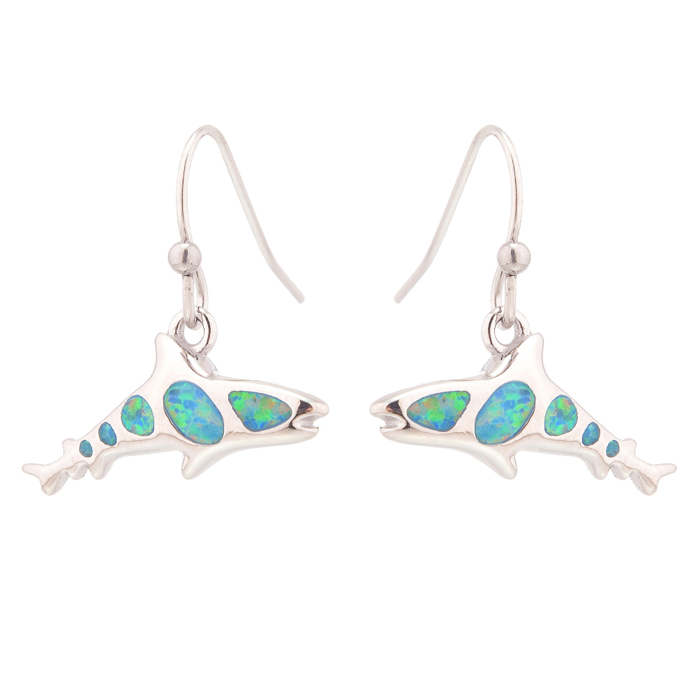 E2161 GREEN SYNTHETIC OPAL STEEL WHALESHARK EARRINGS