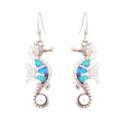 E2162 BLUE SYNTHETIC OPAL STEEL SEAHORSE PEARL EARRINGS W/PEARL