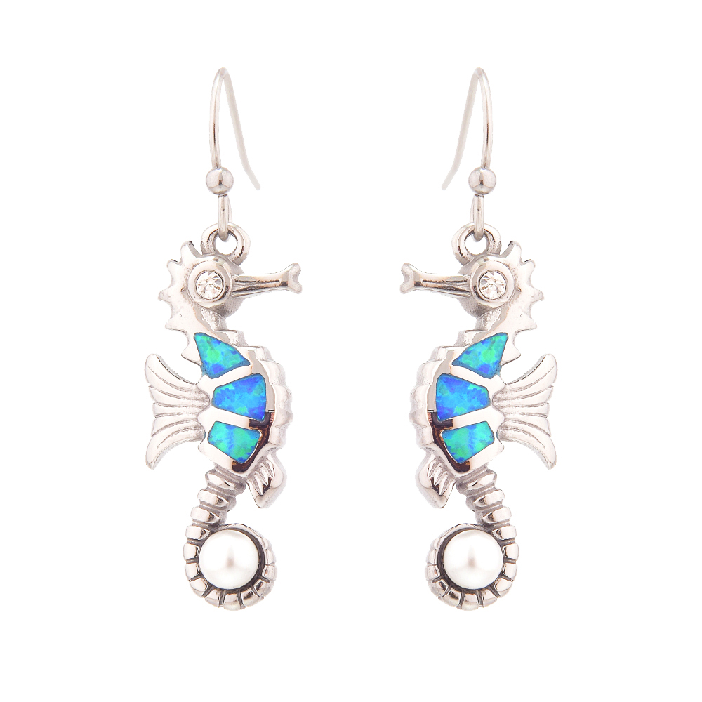 E2162 BLUE SYNTHETIC OPAL STEEL SEAHORSE PEARL EARRINGS W/PEARL