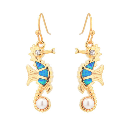 E2163 BLUE SYNTHETIC OPAL GOLD SEAHORSE PEARL EARRINGS W/PEARL