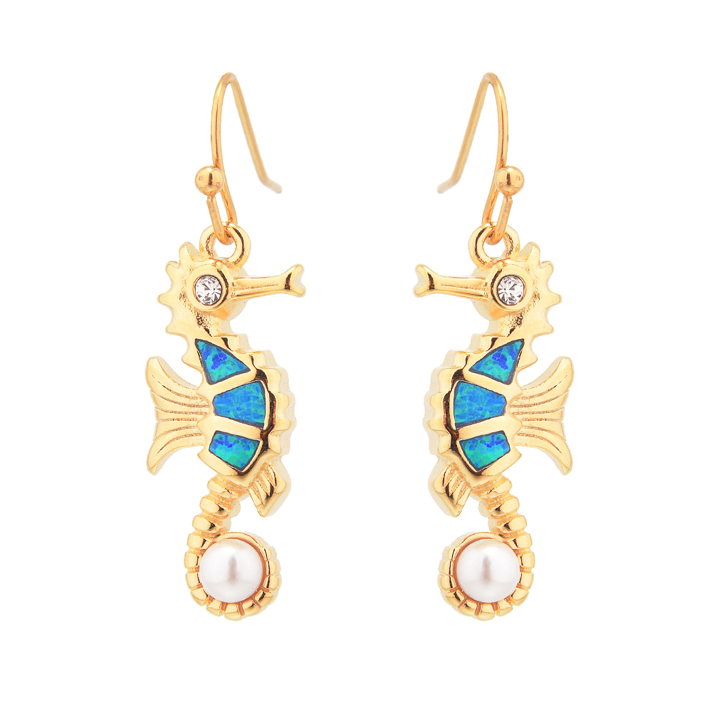 E2163 BLUE SYNTHETIC OPAL GOLD SEAHORSE PEARL EARRINGS W/PEARL