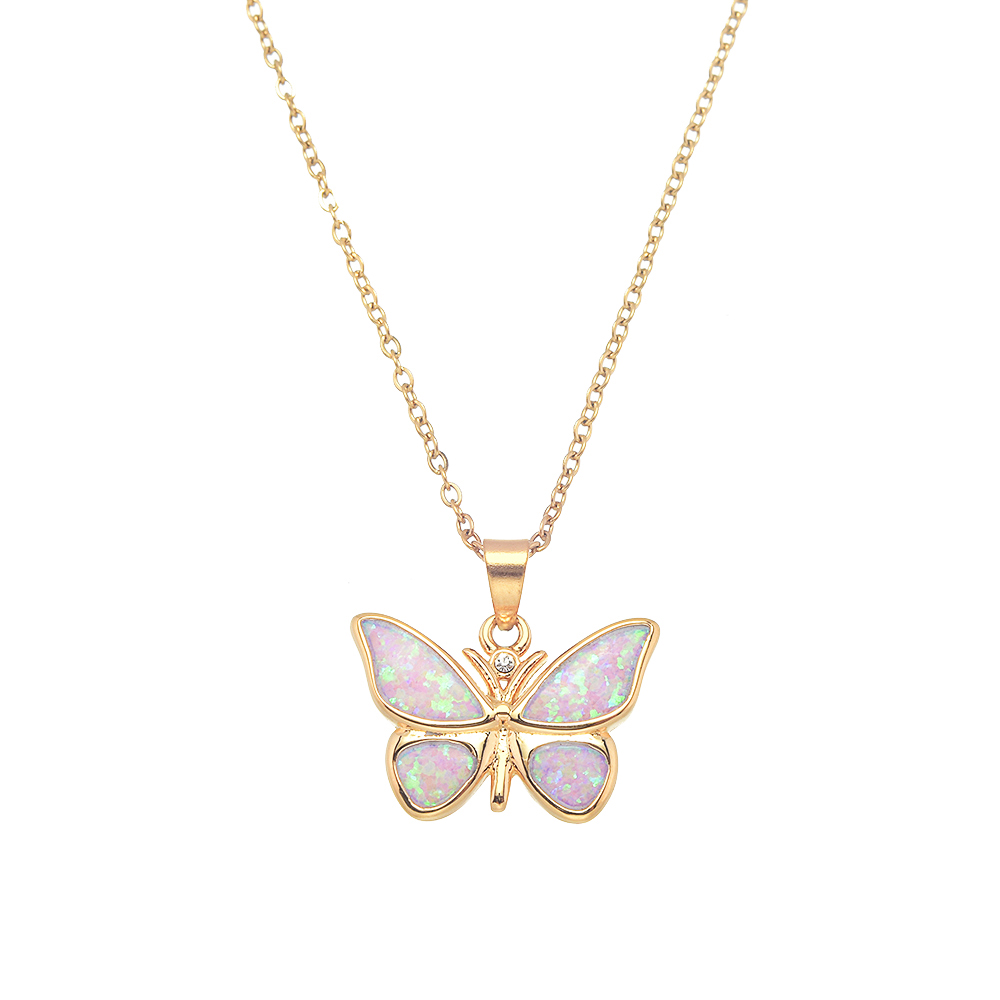 P8226 PINK SYNTHETIC OPAL GOLD BUTTERFLY PENDANT