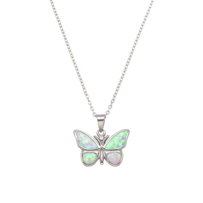 P8227 PINK SYNTHETIC OPAL STEEL BUTTERFLY PENDANT