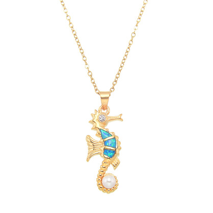 P8230 BLUE SYNTHETIC OPAL GOLD SEAHORSE W/PEARL PENDANT