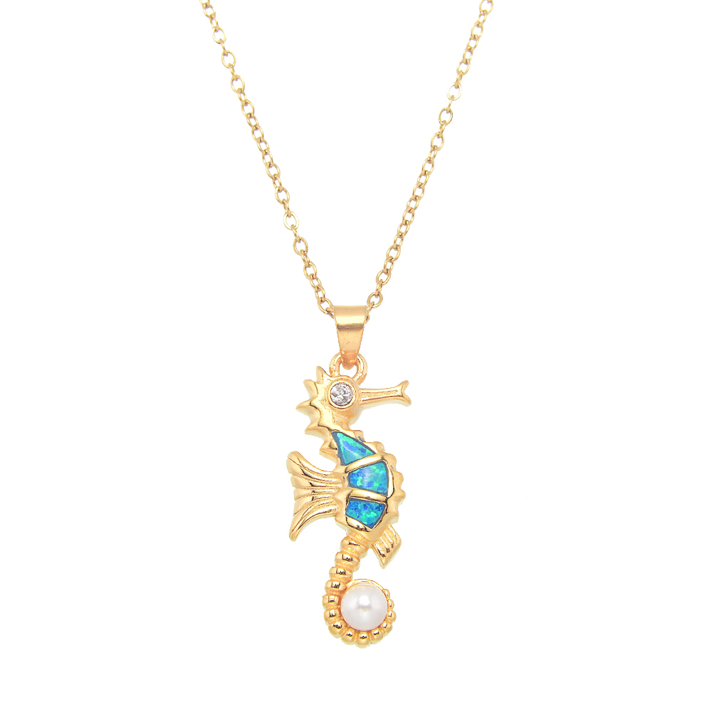 P8230 BLUE SYNTHETIC OPAL GOLD SEAHORSE W/PEARL PENDANT