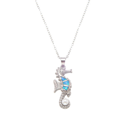 P8231 BLUE SYNTHETIC OPAL STEEL SEAHORSE W/PEARL PENDANT