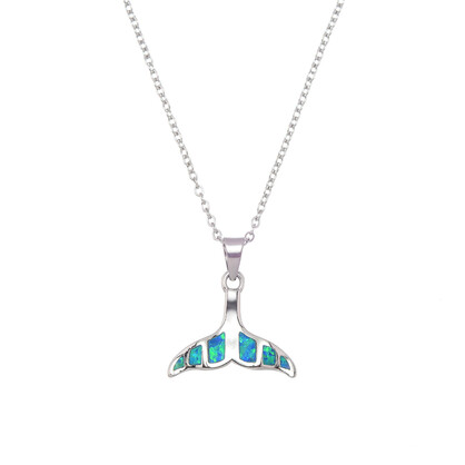 P8235 BLUE SYNTHETIC OPAL STEEL WHALETAIL PENDANT