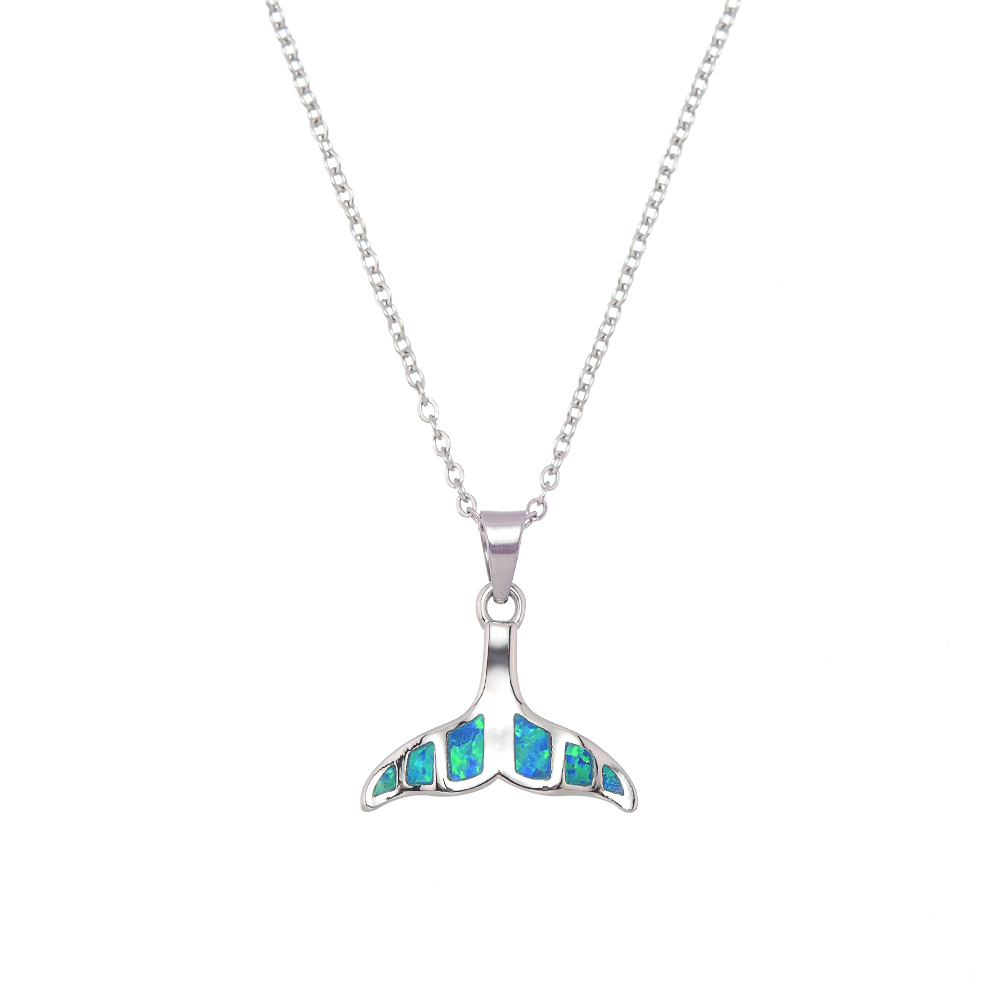 P8235 BLUE SYNTHETIC OPAL STEEL WHALETAIL PENDANT