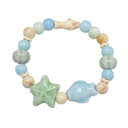 BR8236 BLUE FISH/GREEN STARFISH CERAMIC BEAD BRACELET