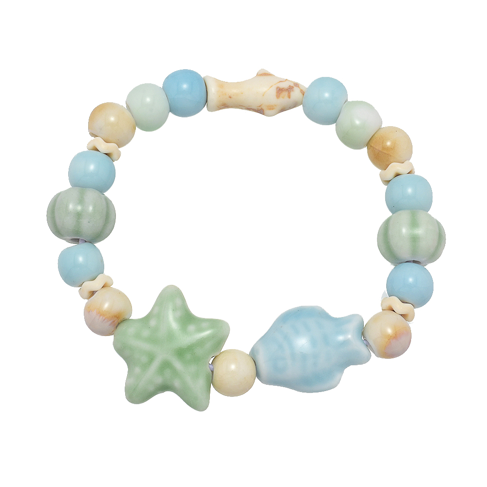 BR8236 BLUE FISH/GREEN STARFISH CERAMIC BEAD BRACELET
