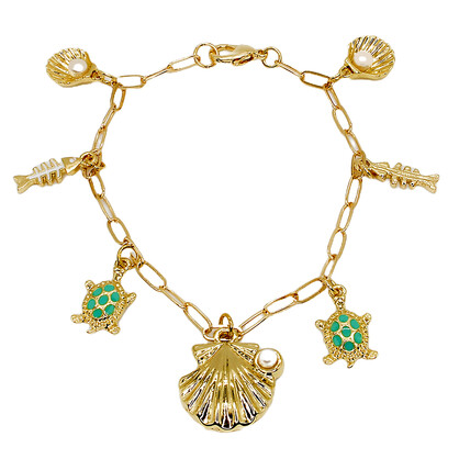 BR8241 PAPERCLIP MARINE CHARMS GOLD BRACELET