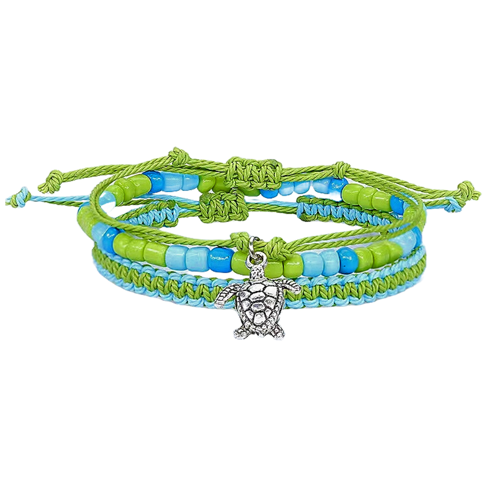 BR7370 3 STRAND AQUA & GREEN TURTLE BRACELET SET