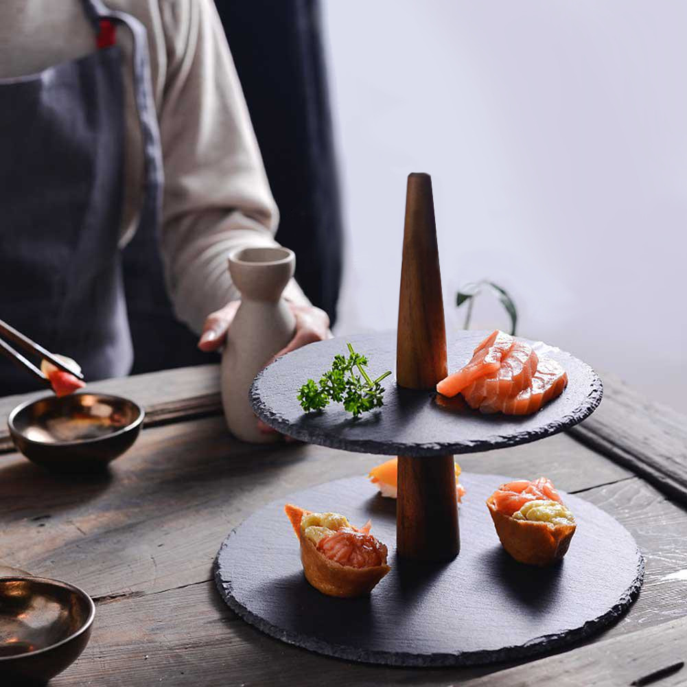 Wholesale 2 Tier Slate Serving Stand with Acacia Handle GABEL&TELLER