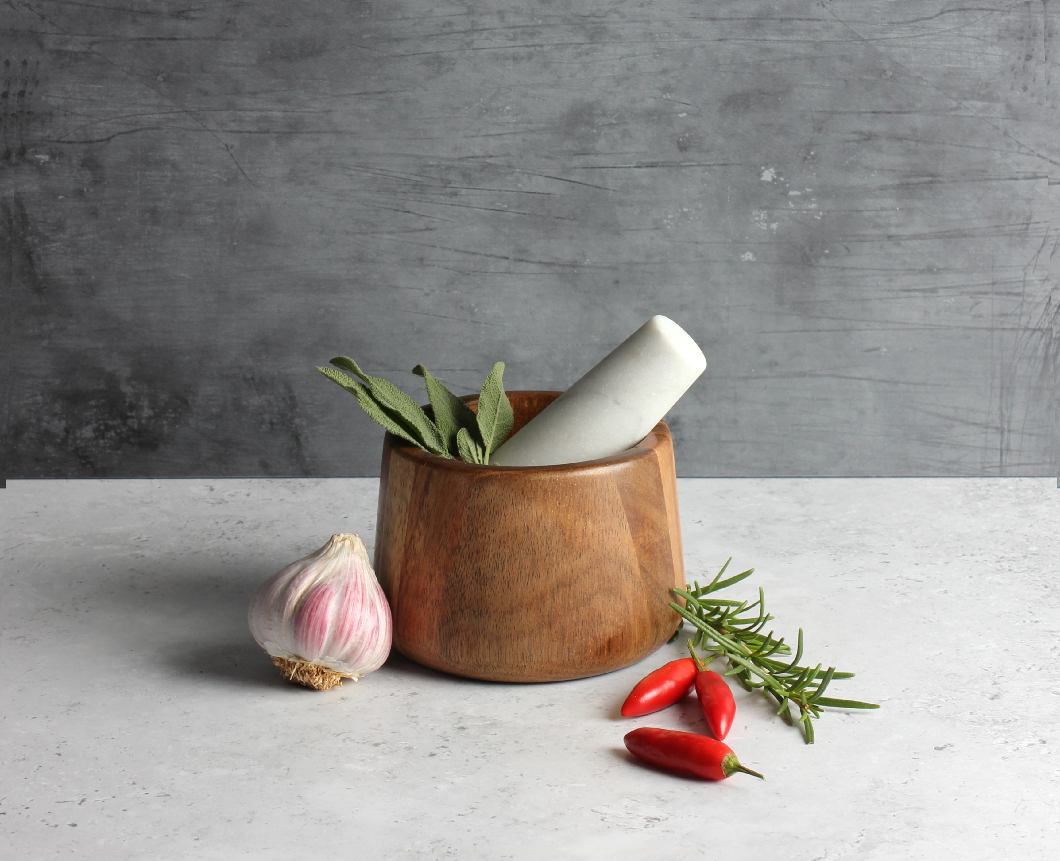 Acacia Wood and Marble Mortar and Pestle