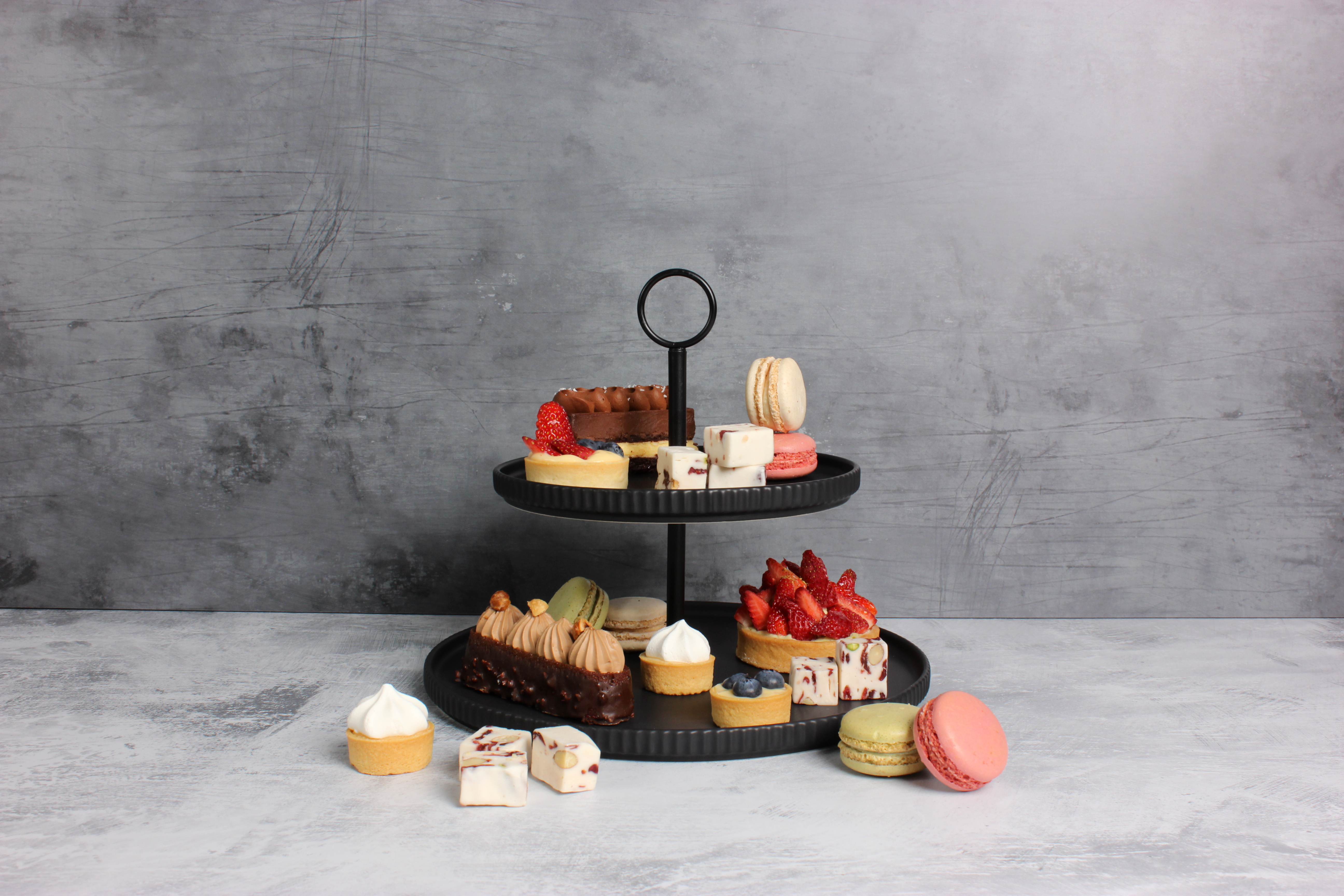 Matte Black Ceramic 2 Tier Serving Platter with Matte Black Handle