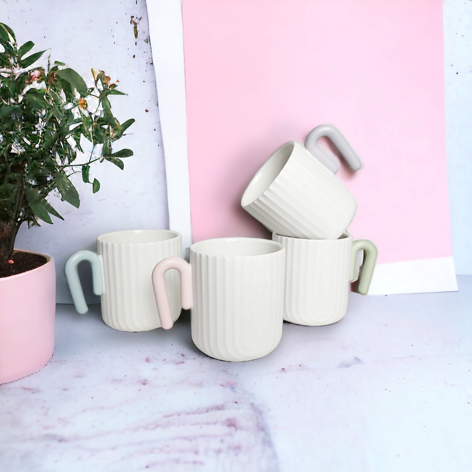 Matte White Scallop Mug with Pastel Colour Handle - Set of 4