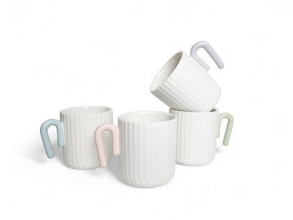Matte White Scallop Mug with Pastel Colour Handle - Set of 4
