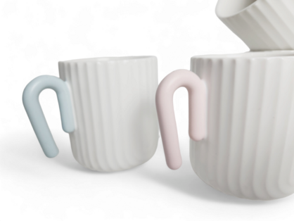 Matte White Scallop Mug with Pastel Colour Handle - Set of 4