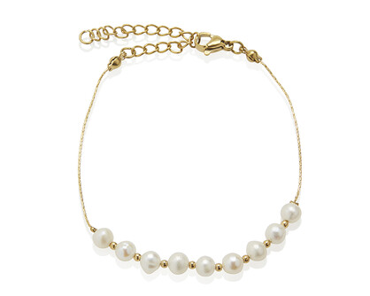 GOLD FRESHWATER PEARL & THREAD CHAIN BRACELET. 19CMS LENGTH + 5CM EXTENSION