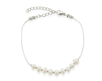 SILVER FRESHWATER PEARL & THREAD CHAIN BRACELET. 19CMS LENGTH + 5CM EXTENSION