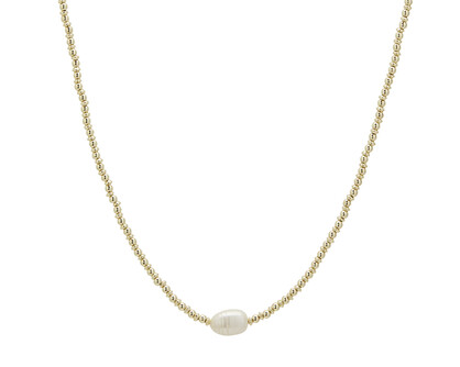 GOLD DISC BEAD & FRESHWATER PEARL NECKLACE. LENGTH 45CMS + 5CM EXTENSION CHAIN