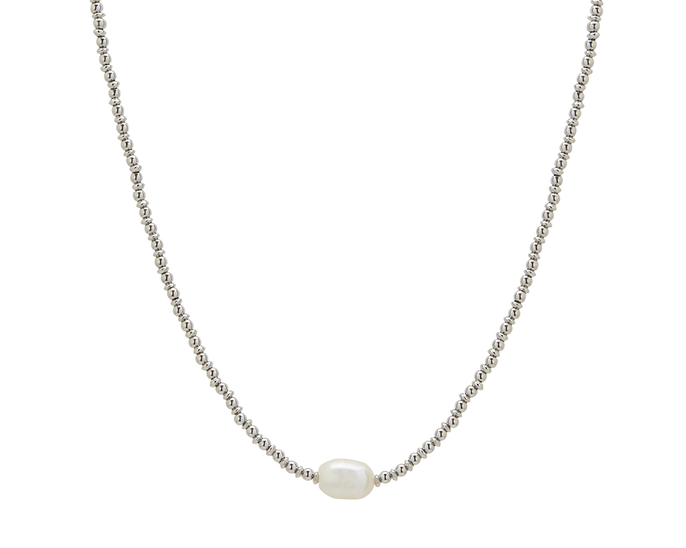 SILVER DISC BEAD & FRESHWATER PEARL NECKLACE. LENGTH 45CMS + 5CM EXTENSION CHAIN