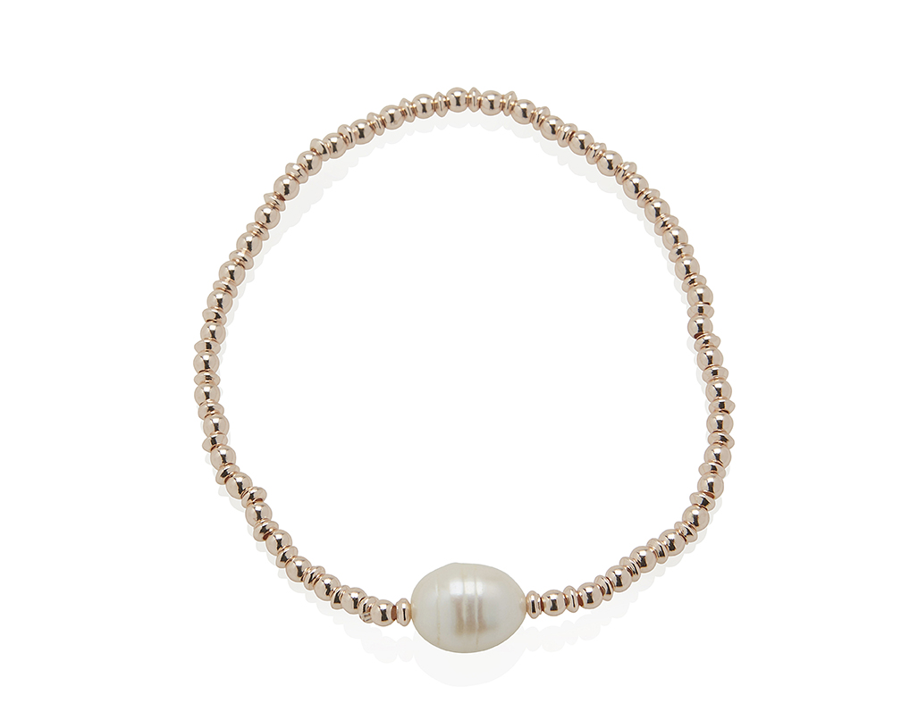 ROSE GOLD DISC BEAD & FRESHWATER PEARL STRETCH B/L. 19CMS LENGTH