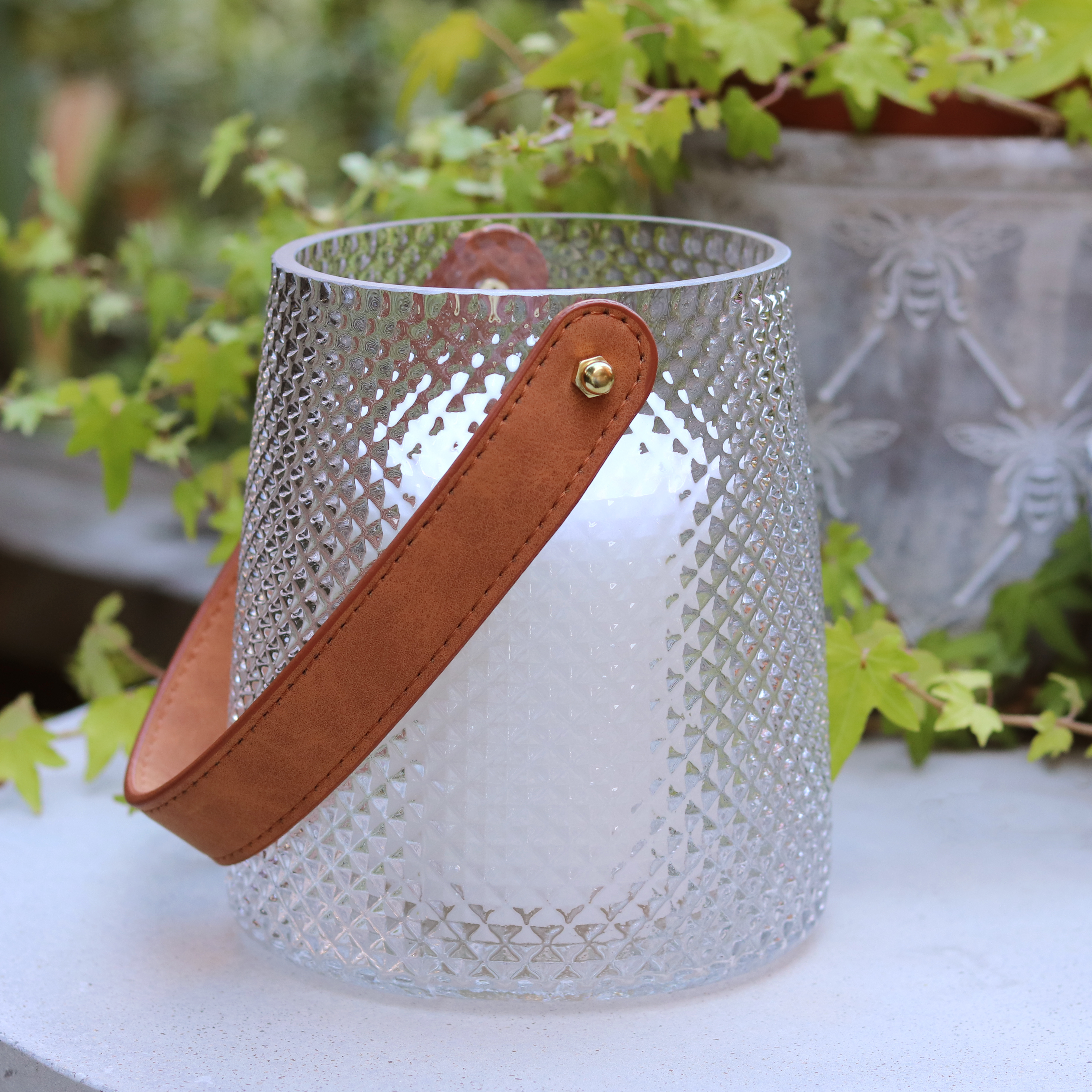 Quilted Vase/Hurricane Lamp with leather handle