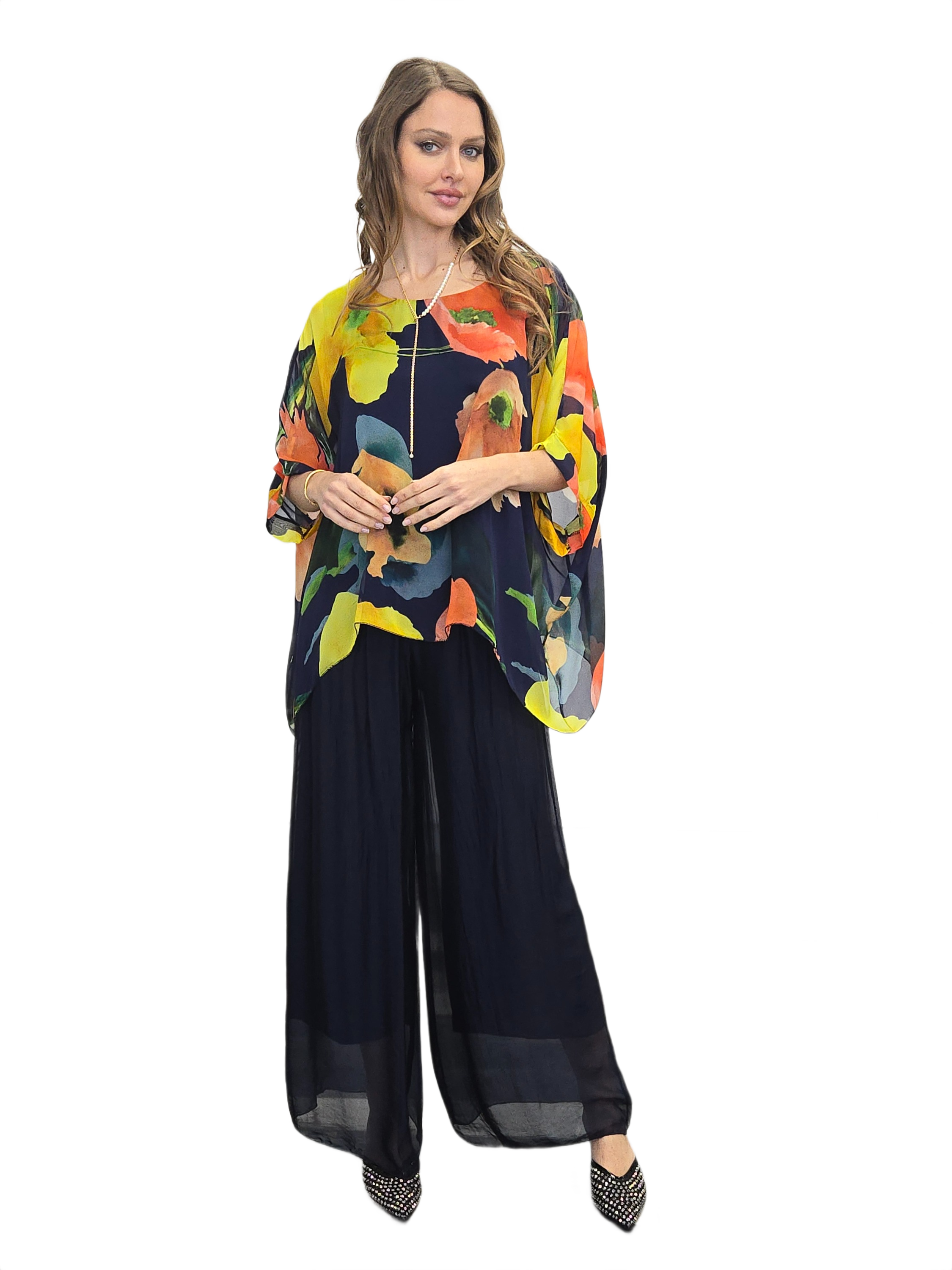 FLORA SILK TOP & DIPA PANTS NAVY