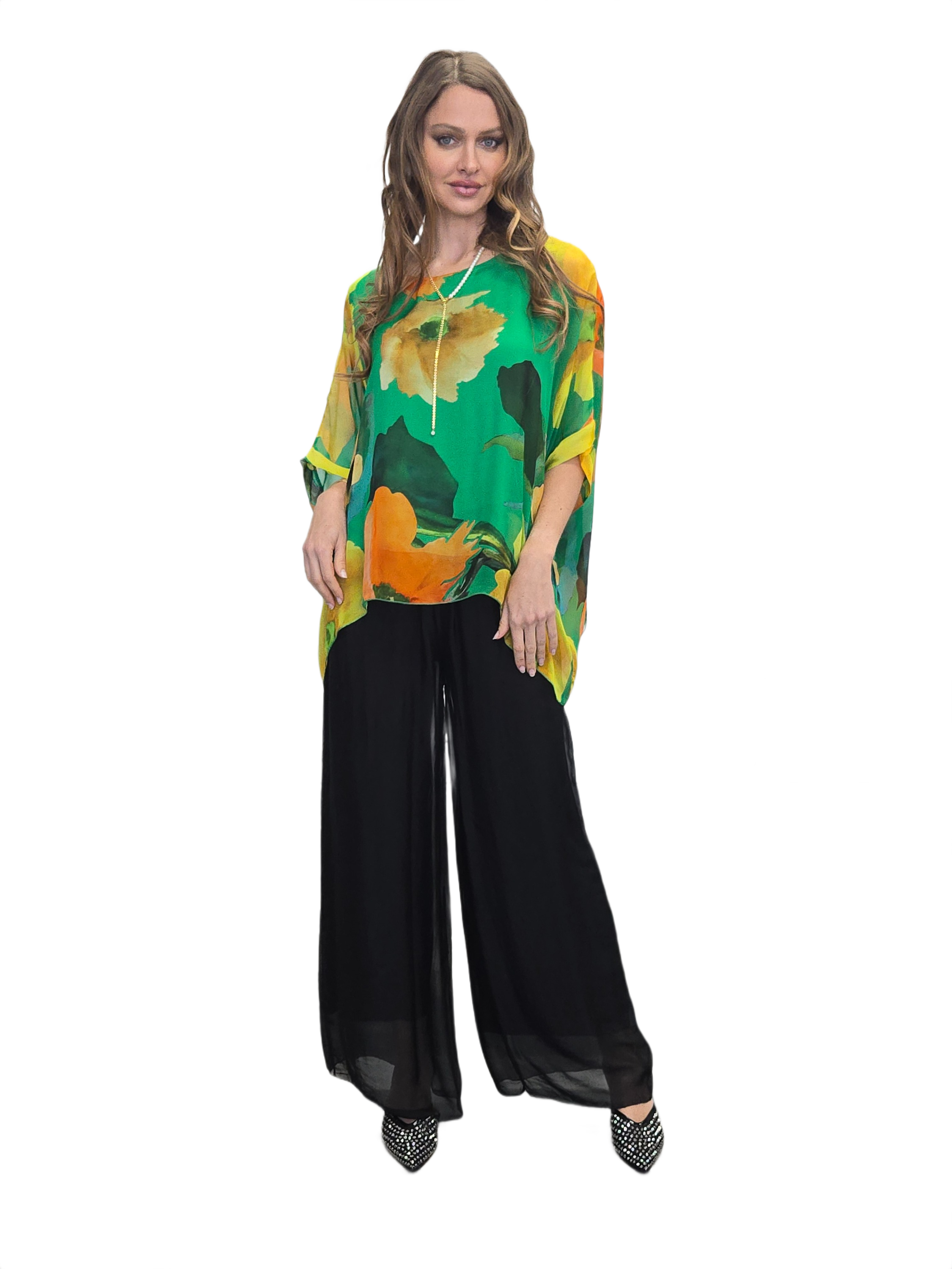 FLORA SILK TOP GREEN & DIPA PANTS BLACK