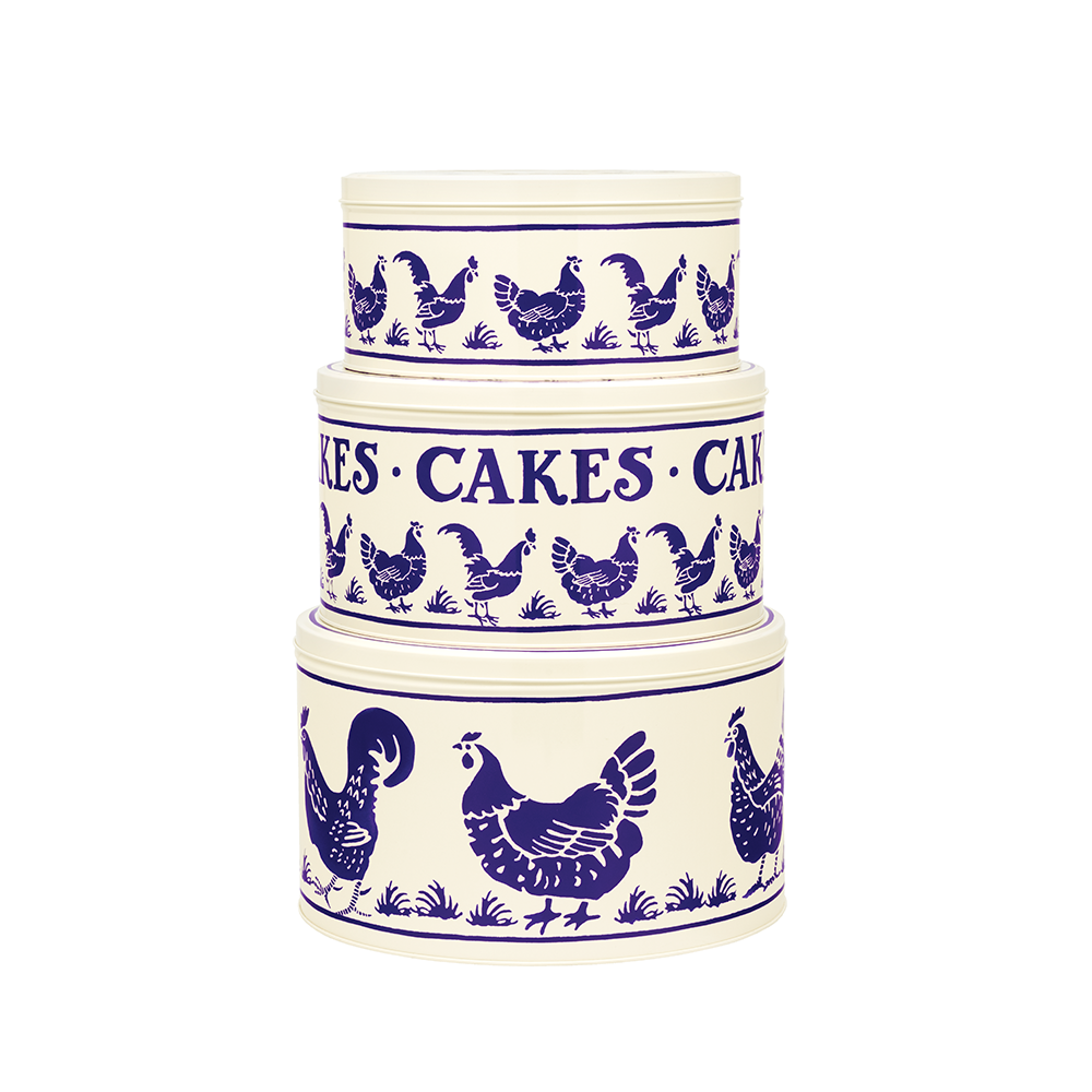EMMA BRIDGEWATER BLUE HEN LARGE ROUND SET OF 3 TINS