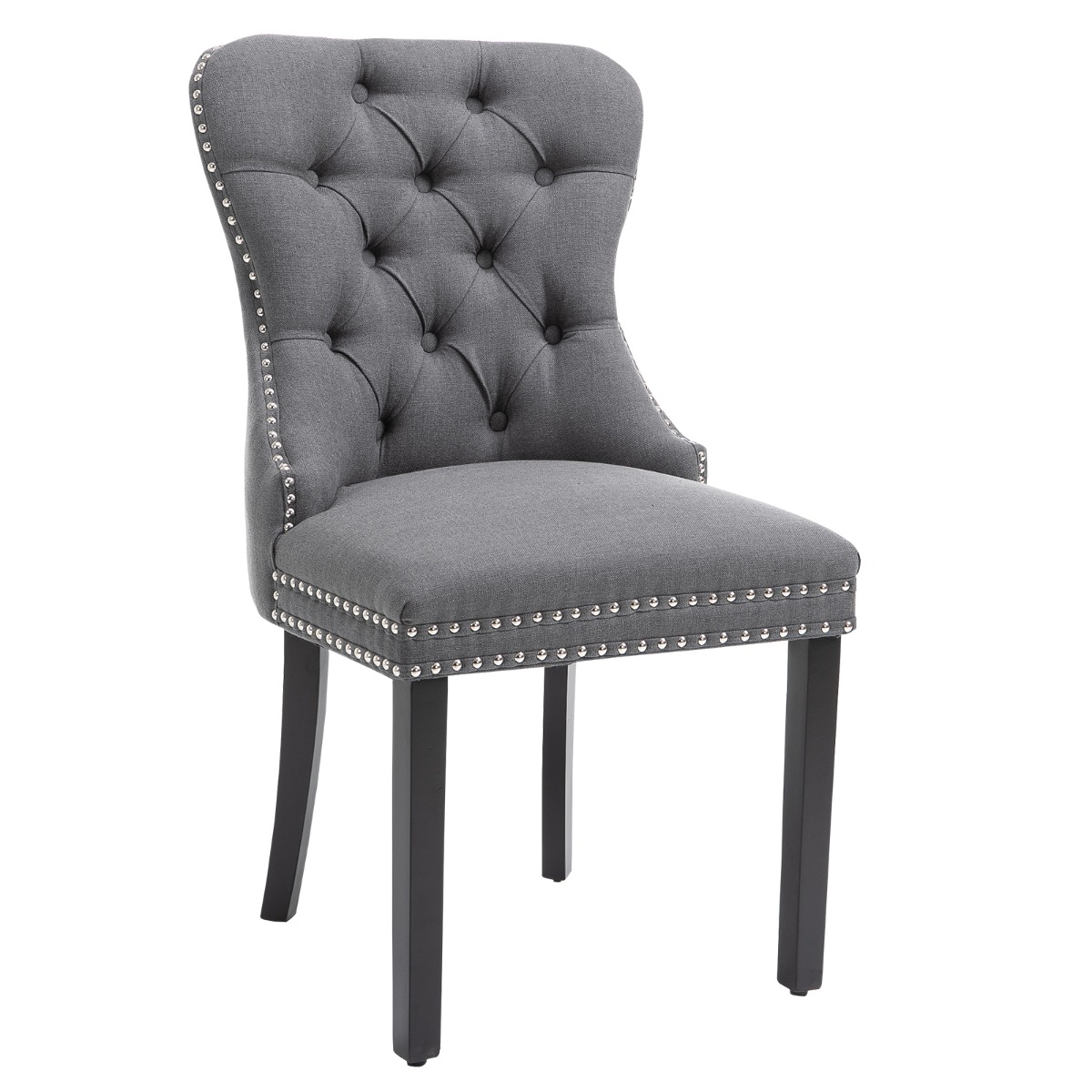Set of 2 Fabric Dining Chairs Upholstered Tufted Back Studs Dark Grey